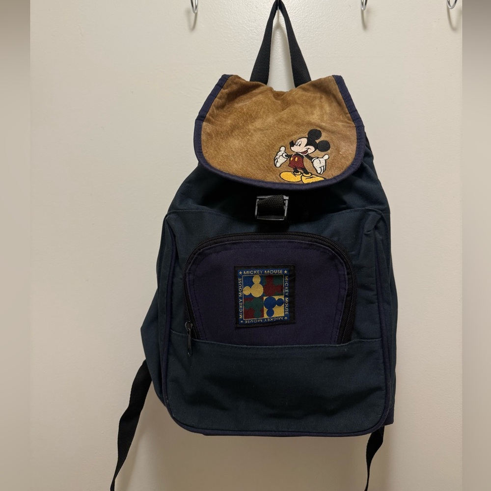 Vintage Disney Navy, Green & Brown suede detail Mickey Mouse Backpack
